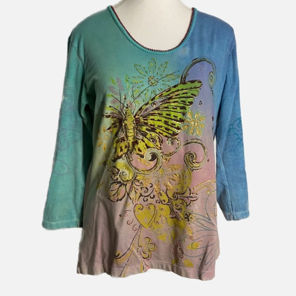 Bamboo Co Y2K Ombre Butterfly Beaded 3/4 Sleeve Top